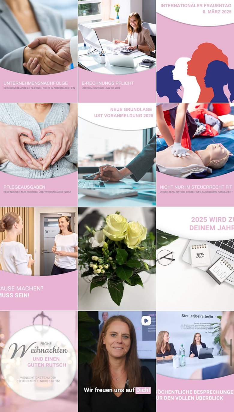 Älterer Instagram-Feed der Steuerkanzlei Nicole Klein mit verschiedenen unverknüpften Fotos, Alltagsmotiven und uneinheitlichem Design.