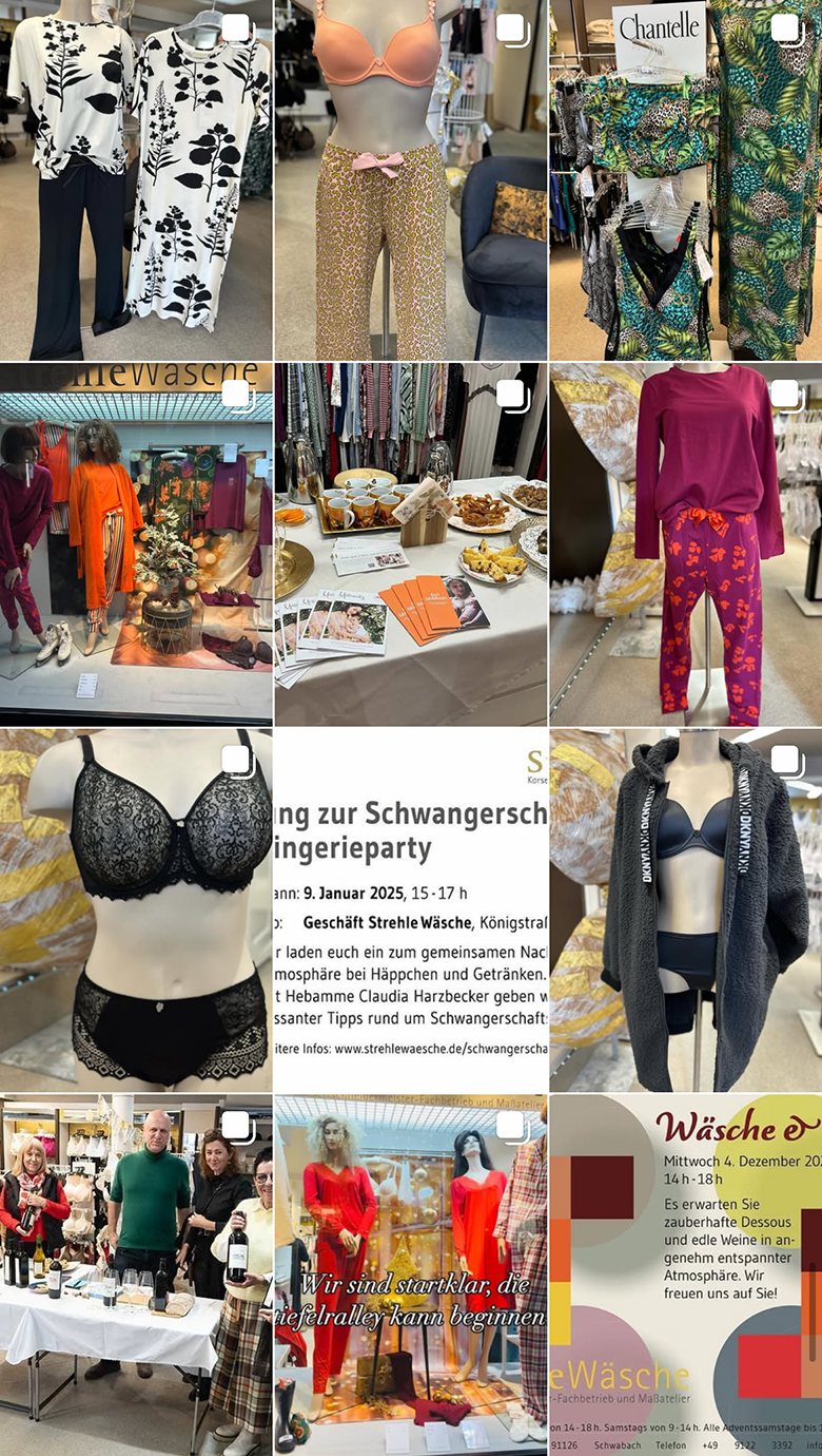 Ursprünglicher Instagram-Feed von Strehle Wäsche mit uneinheitlichen Geschäfts- und Produktfotos, Schaufenstern und Alltagsmotiven.