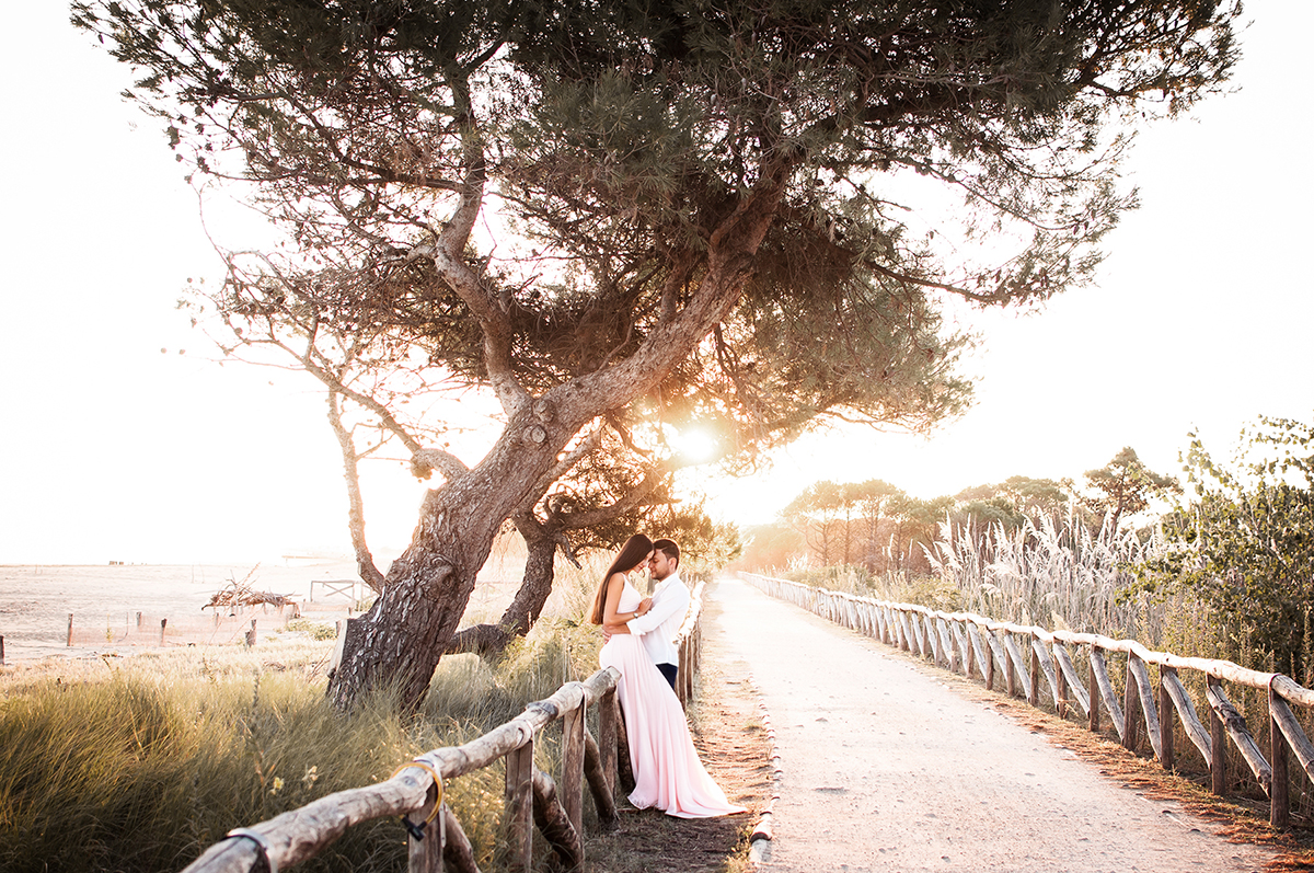 Verliebtes Paar steht im Sonnenuntergang an einem Weg mit Baum und Holzzaun – natürliche Paarfotografie von Stefanie Cypris Fotografin Nürnberg Schwabach Roth Fürth