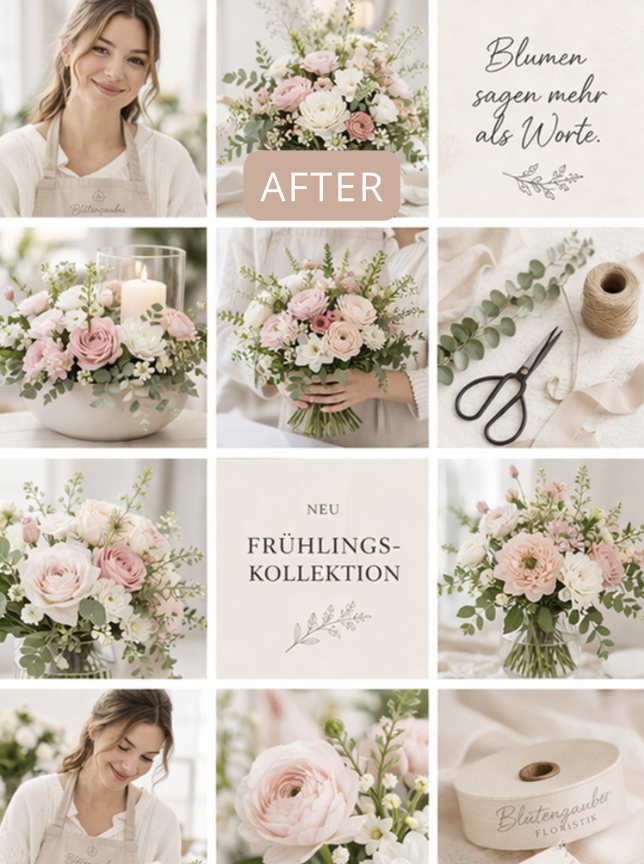 Harmonisch gestalteter Instagram-Feed einer Floristin nach einem Social-Media-Redesign mit einheitlichen Farben, hochwertiger Bildsprache und klarer Markenidentität.
